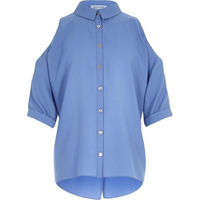 Girls blue cold shoulder slit back shirt